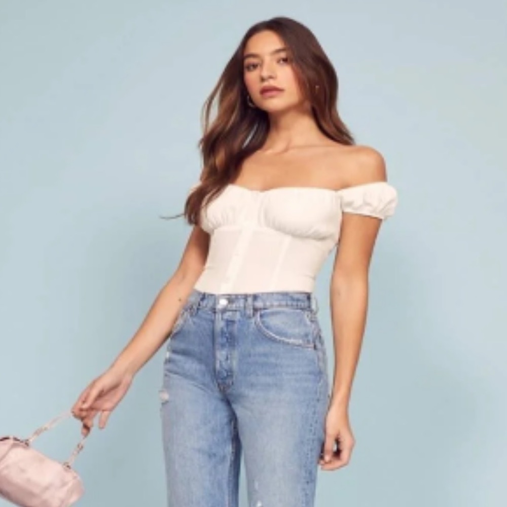 Reformation NWT White Baby Doll Off the Shoulder Viscose Top Size 8 - Picture 2 of 7